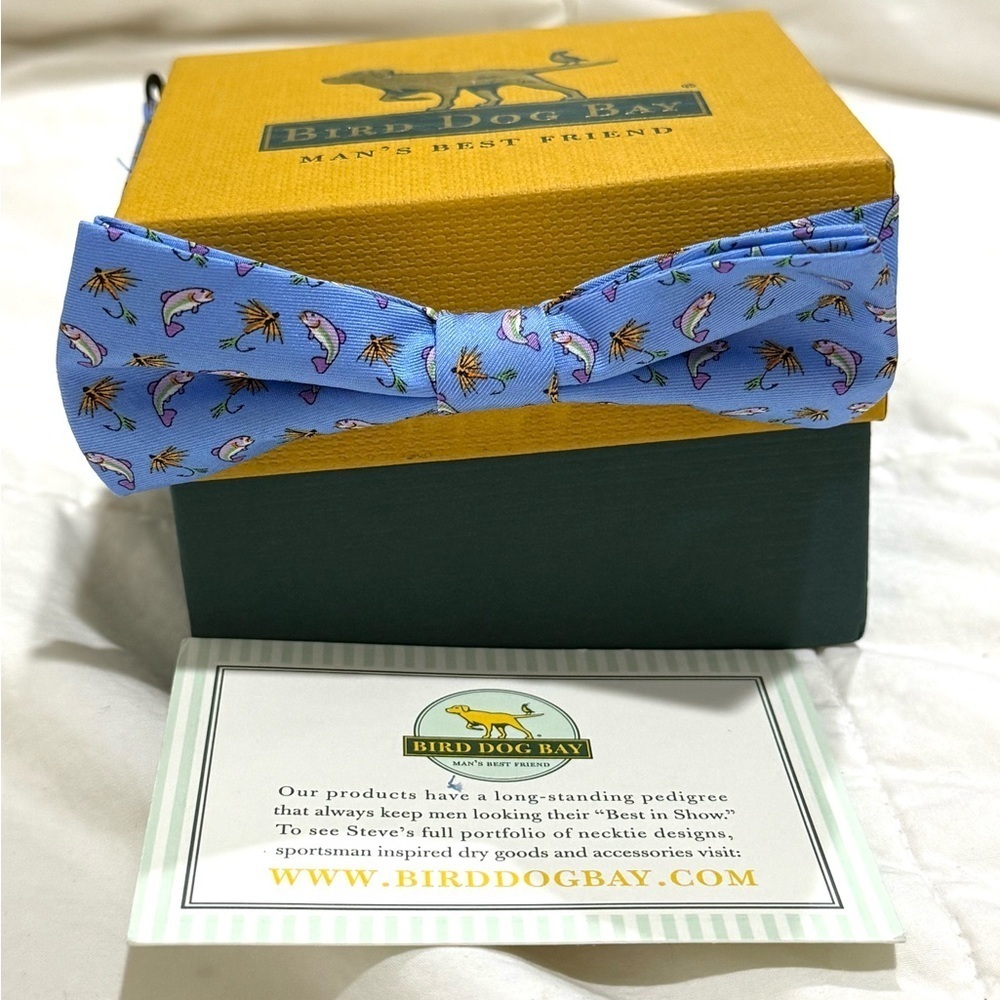 Bird Dog Bay Light Blue Adjustable Bow Tie with fish and lure Design